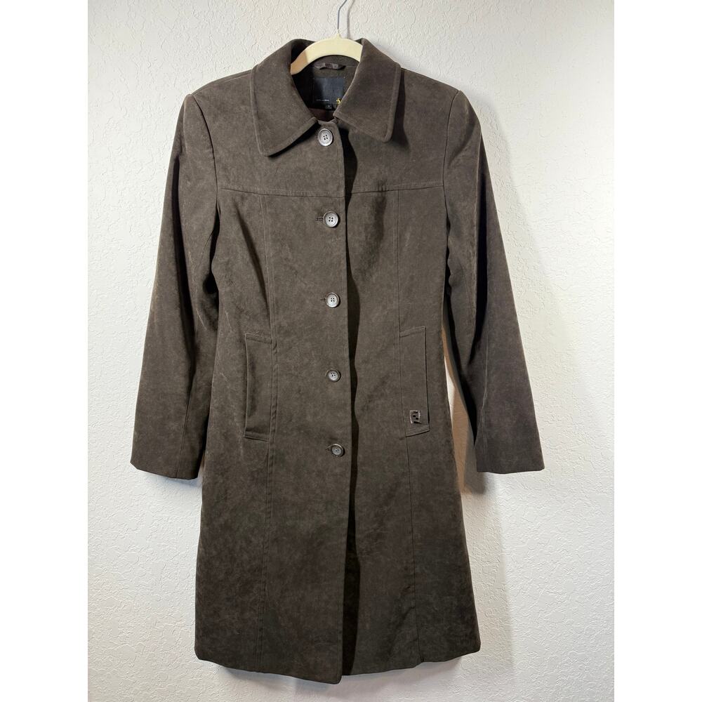 Women's VIntage Faux Suede Brown Long Button Front Coat Size 6